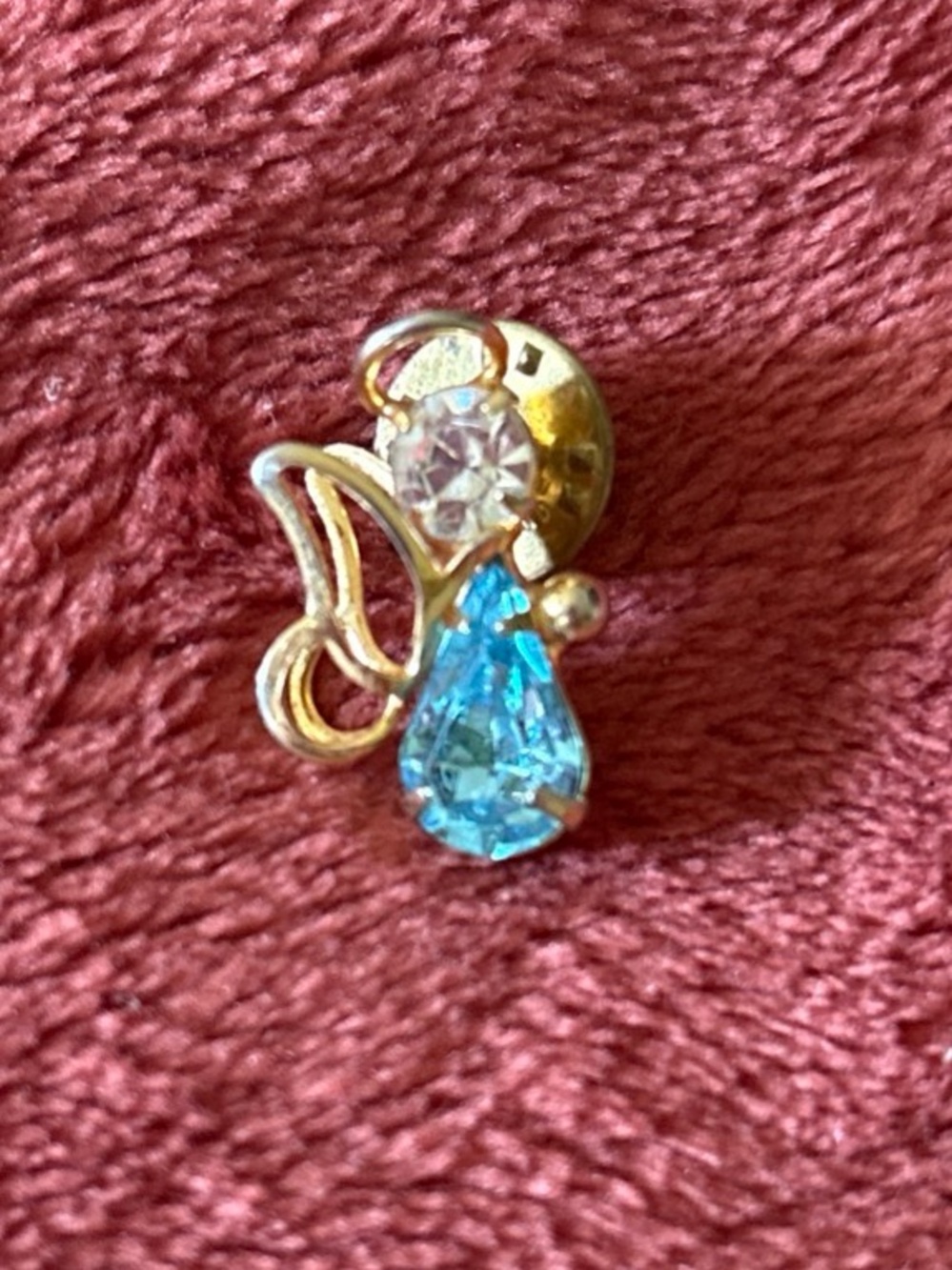 Gold-Tone Angel Pin with Blue Teardrop and Clear Crystal - Women Jewelry